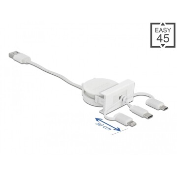 Kabel rozwijany Easy45 moduł USB 2.0, 3 w 1, USB Typ-A do USB-C™, Micro USB i Lightning, biały Delock 81375