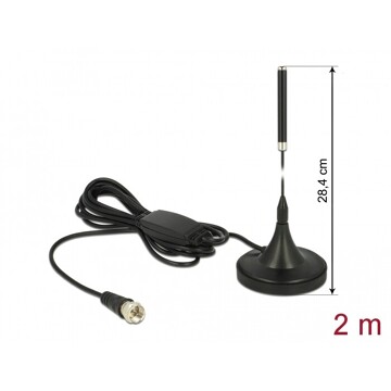 Antena DAB+ F męska 21 dBi aktywna, stała, wszechkierunkowa z magnetyczną podstawą RG-174 2 m czarna Delock 12413