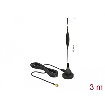 Antena SMA męska GSM 5 dBi nieruchoma dookólna z podstawą magnetyczną i przewodem RG-174 3 m czarna zewnętrzna Delock 12422