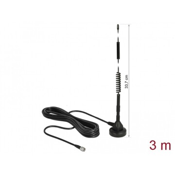 Antena SMA męska LTE 5 dBi 33,7 cm nieruchoma dookólna z podstawą magnetyczną i przewodem RG-58 3 m czarna zewnętrzna Delock 124