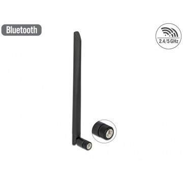 Antena WLAN 802.11 a/ax/a/b/g/n RP-SMA męska 5 dBi 20 cm dowolny kierunek uchylne złącze gumowana powierzchnia czarna Delock 126