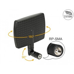 Antena RP-SMA męska WLAN 802.11 ac/a/b/g/n kierunkowa 5 - 7 dBi ze złączem pochylania czarna Delock 88447