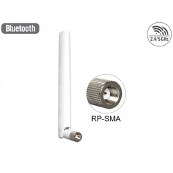 Antena RP-SMA męska WLAN 802.11 ac/a/b/g/n dookólna 2 - 5 dBi ze złączem pochylania biała Delock 88460