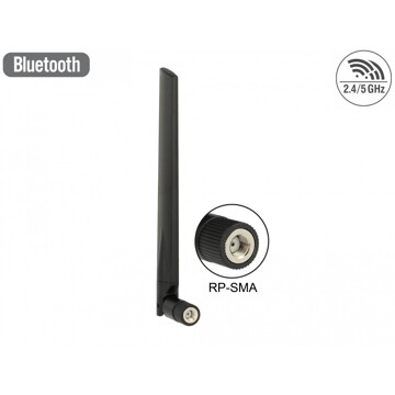 Antena RP-SMA męska WLAN 802.11 ac/a/h/b/g/n dookólna 3 - 5 dBi ze złączem pochylania czarna Delock 88898
