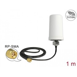 Antena WLAN 802.11 ac/a/h/b/g/n RP-SMA męski 1,4 - 3 dBi z kablem przyłączeniowym biała zewnętrzna ULA 100 1 m Delock 88985