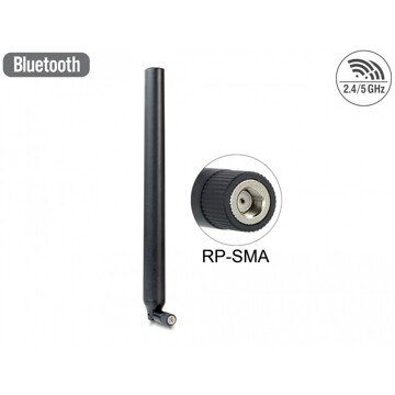 Antena RP-SMA męska WLAN 802.11 ac/a/h/b/g/n wielokierunkowa 5,5 - 9 dBi ze złączem pochylania czarna Delock 88991