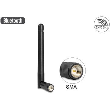 Antena SMA męska WLAN 802.11 ac/a/b/g/n dookólna 2 dBi ze złączem pochylania czarna Delock 89437
