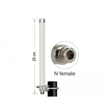 Antena WLAN 802.11 ac/a/h/b/g/n N żeńska 6 - 8 dBi 28 cm wielokierunkowa stała montowana na maszcie biała zewnętrzna Delock 8944