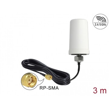 Antena WLAN RP-SMA 802.11 ac/a/h/b/g/n 0 dBi wszechkierunkowa biała zewnętrzna 3 m ULA100 Delock 89449