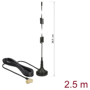Antena LTE męska SMA 90° 2,5 dBi nieruchoma dookólna z podstawą magnetyczną i przewodem RG-174 2,5 m zewnętrzna czarna Delock 89