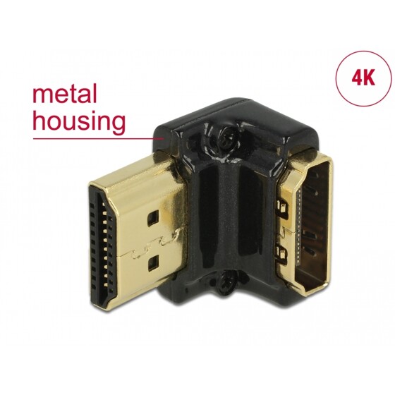 Adapter HDMI-A gniazdo do HDMI-A wtyk kątowy 90° dół kątowy 4K obudowa metalowa Delock 65662
