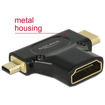 Adapter HDMI-A gniazdo do HDMI-C + HDMI-D wtyk 2in1 obudowa metalowa Delock 65666