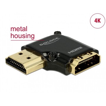 Adapter HDMI-A wtyk do HDMI-A gniazdo kątowy 90° lewo kątowy 4K obudowa metalowa Delock 65660