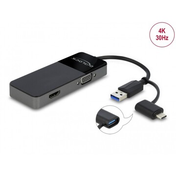 Adapter USB 3.2 Gen 1 do 4K HDMI + VGA z rozgałęziaczem Delock 64085