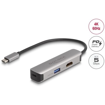 Adapter USB typu C do HDMI 4K 60Hz z USB Typ-A i USB typu C Data + PD 92 W Delock 61060