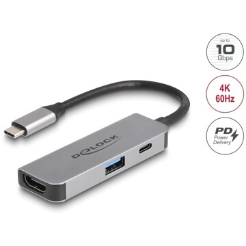 Adapter USB typu C do HDMI 4K 60Hz z USB Typ-A i USB typu C PD 95 W Delock 61063