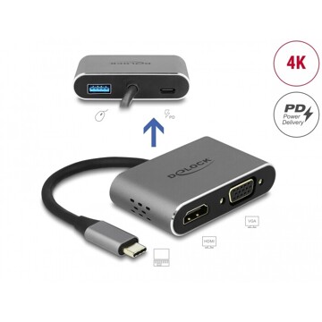 Adapter USB typu C do HDMI i VGA z gniazdoem USB 3.2 i PD Delock 64074