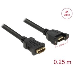 Przewód HDMI-A żeński do HDMI-A wtyk żeński, na panel, 4K 30Hz 0,25m Delock 85100