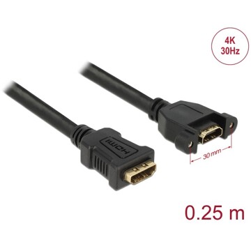 Przewód HDMI-A żeński do HDMI-A wtyk żeński, na panel, 4K 30Hz 0,25m Delock 85100