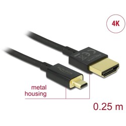 Przewód High Speed HDMI Ethernet - HDMI-A męskie do HDMI micro-D 4K dł. 0,25m Slim Delock 85119