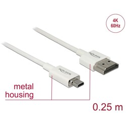 Przewód High Speed HDMI Ethernet - HDMI-A męskie do HDMI micro-D 4K dł. 0,25m Slim Delock 85147