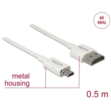Przewód High Speed HDMI Ethernet - HDMI-A męskie do HDMI micro-D 4K dł. 0,5m Slim Delock 85148