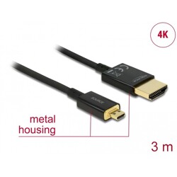 Przewód High Speed HDMI Ethernet - HDMI-A męskie do HDMI micro-D 4K dł. 3m aktywny Slim Delock 84784