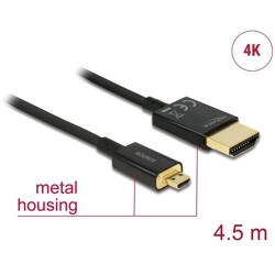 Przewód High Speed HDMI Ethernet - HDMI-A męskie do HDMI micro-D 4K dł. 4,5m aktywny Slim Delock 84785