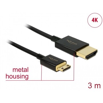 Przewód High Speed HDMI Ethernet - HDMI-A męskie do HDMI mini-C 4K dł. 3m aktywny Slim Delock 84779