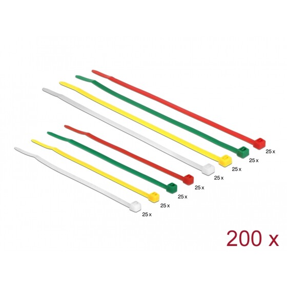 Opaski kablowe kolorowe 200 sztuk 100 x 2,5 mm i 200 x 3,6 mm Delock 18628