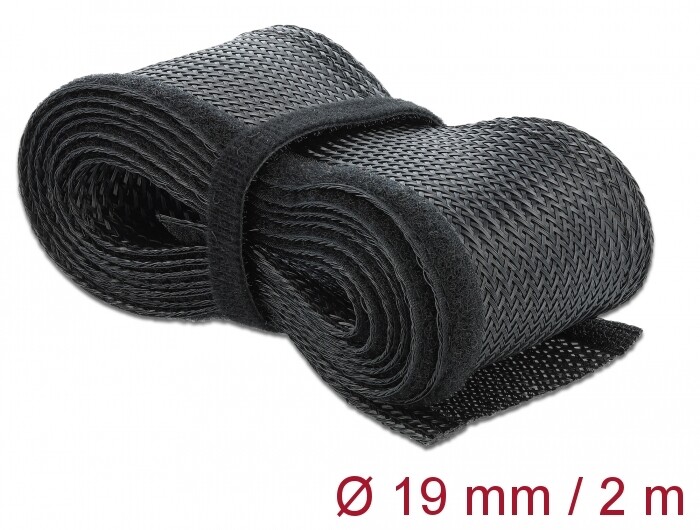 Koszulka pleciona z zapięciem haczyk-pętelka 2 m x 19 mm czarna Delock 18857