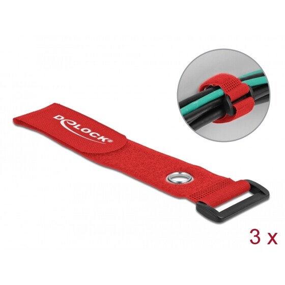 Opaski rzepowe z oczkiem do kabli 280 x 38 mm 3 szt. czerwone Delock 19550