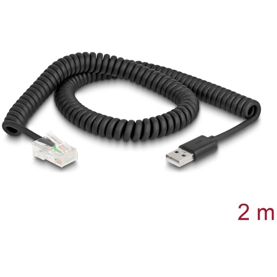 Kabel spiralny do skanera kodów RJ50 6-pinowy-USB 2.0 Typu-A 2m Delock 90601