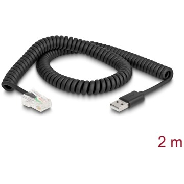 Kabel spiralny do skanera kodów RJ50 6-pinowy-USB 2.0 Typu-A 2m Delock 90601