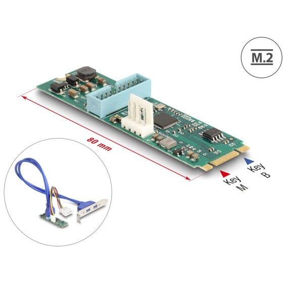 Konwerter M.2 B+M męski - 2x gniazdo USB Typ-A żeńskie 5 Gbps z kablem 50 cm Delock 61065