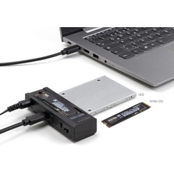 Konwerter USB Typ-C - 1x SSD M.2 NVMe + 1x SATA SSD / HDD z funkcją klonowania Delock 64252 Konwerter USB Typ-C - 1x SSD M.2 NVMe + 1x SATA SSD / HDD z funkcją klonowania Delock 64252