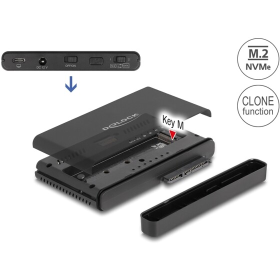 Konwerter USB Typ-C - 1x SSD M.2 NVMe + 1x SATA SSD / HDD z funkcją klonowania Delock 64190