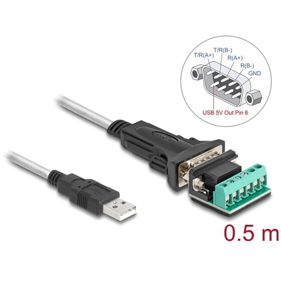 Adapter USB 2.0 Typ-A na RS-422/485 z blokiem zacisków 6pin 5V 0,5m Delock 64267