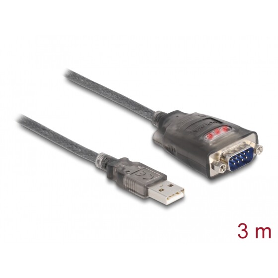 Adapter USB 2.0 Typ-A na męskie szeregowe RS-232 D-Sub 9pin z wkrętami 3x LED, 3m Delock 61548