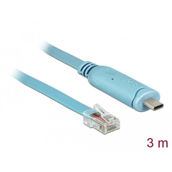 Przejściówka USB 2.0 Typ-C męska na RS-232 RJ45 męski 3,0m niebieska Delock 63914