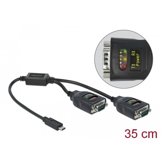 Adapter USB Typ-C na 2x szeregowy RS-232 DB9 z ochroną ESD 15kV Delock 90494
