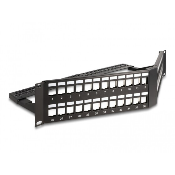 Panel krosowy Keystone 19" 2U 48-portowy z listwą przeciwnaprężeniową odgięty czarny Delock 66977