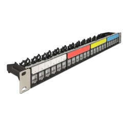 Panel krosowy Keystone 19" 1U 24-gniazdowy z szyną kablową, etykietą i ochroną przed kurzem czarny Delock 66921