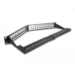 Panel krosowy Keystone 19" 1U 24-portowy z listwą przeciwnaprężeniową odgięty czarny Delock 66976