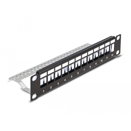 Panel krosowy Keystone 10" 1U 12-portowy z listwą przeciwnaprężeniową czarny Delock 66874
