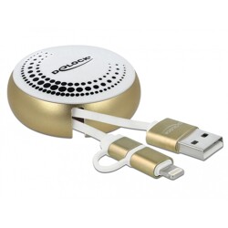 Kabel na szpuli 2w1 USB typ A do micro-B i Lightning biały/złoty Delock 85820