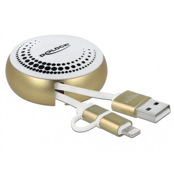 Kabel na szpuli 2w1 USB typ A do micro-B i Lightning biały/złoty Delock 85820
