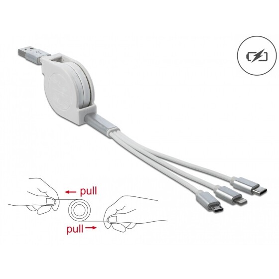 Zwijany kabel ładowania USB typ A 3w1 do Lightning / micro USB / USB-C biały Delock 85850