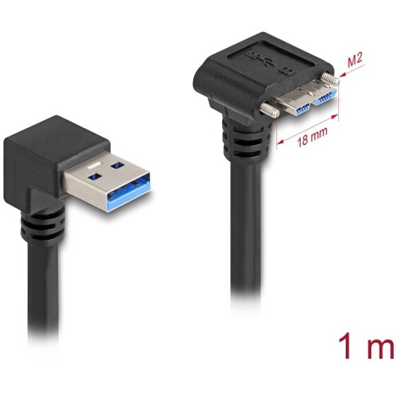 Kabel USB 5Gbps USB typ A męski 90° w dół do USB micro-B męski ze śrubami 90° w dół 1m czarny Delock 80482