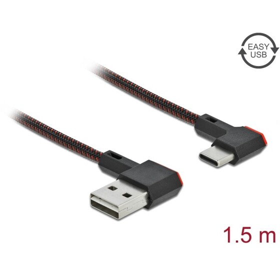 Przewód EASY-USB 2.0 typ A do USB-C męsko-męski kątowy w lewo / w prawo, 1,5m czarny Delock 85282